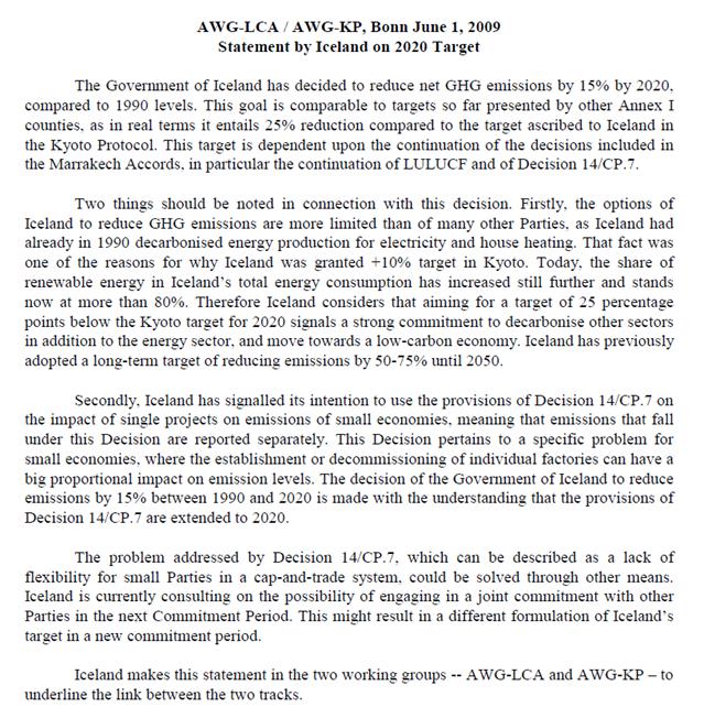 Tilkyning ríkisstjórnar Íslands 1.6.2009